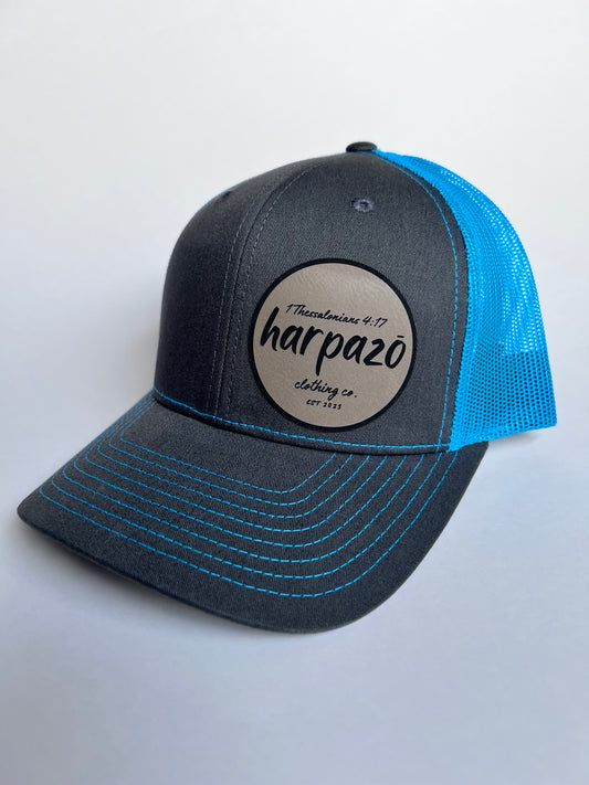 HARPAZO TEAL ON GRAY TRUCKER HAT